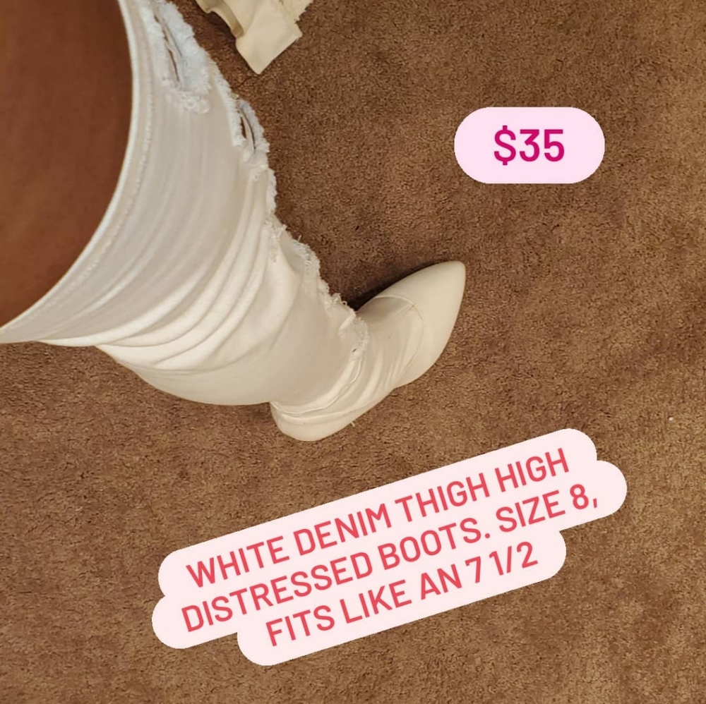 White Denim Distressed thigh high boots.